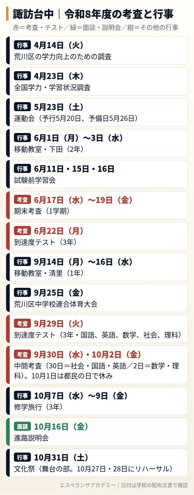 諏訪台中の令和8年度の考査と行事の日程