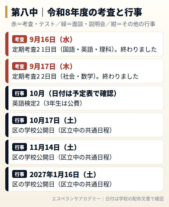 第八中の令和8年度の考査と行事の日程