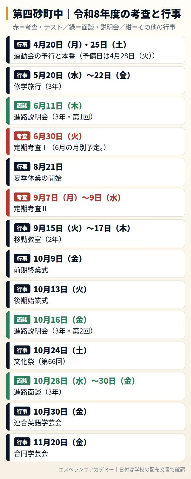 第四砂町中の令和8年度の考査と行事の日程