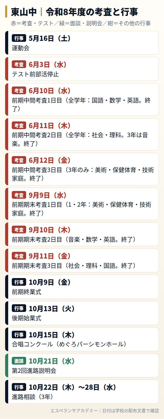 東山中の令和8年度の考査と行事の日程