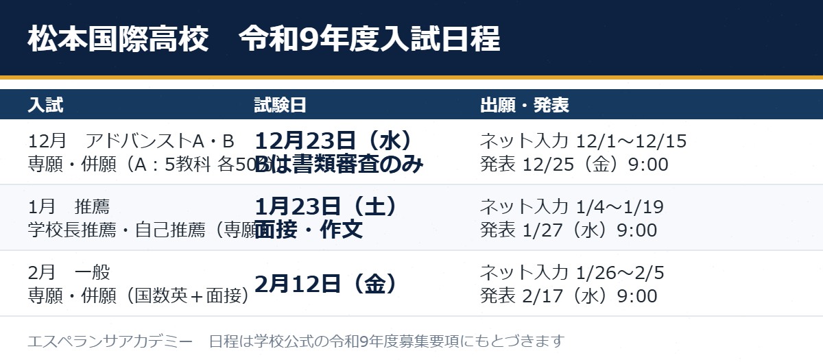 松本国際高校の令和9年度入試日程の表