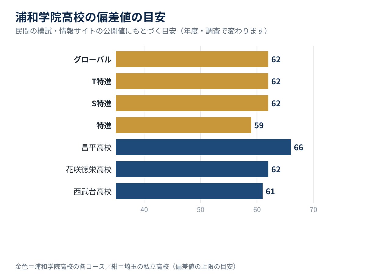 浦和学院高校の各コースの偏差値の目安と、埼玉の私立高校の比較