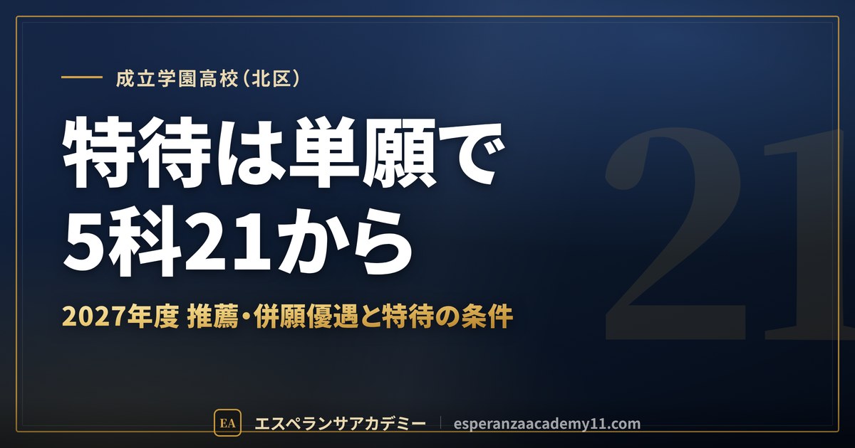 成立学園高校(北区) 特待は単願で5科21から