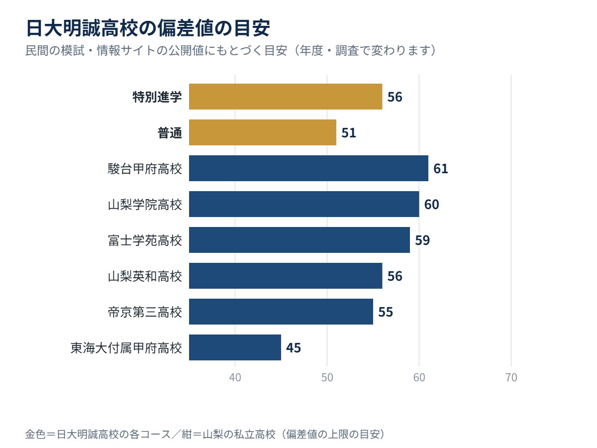 日大明誠高校の各コースの偏差値の目安と、山梨の私立高校の比較